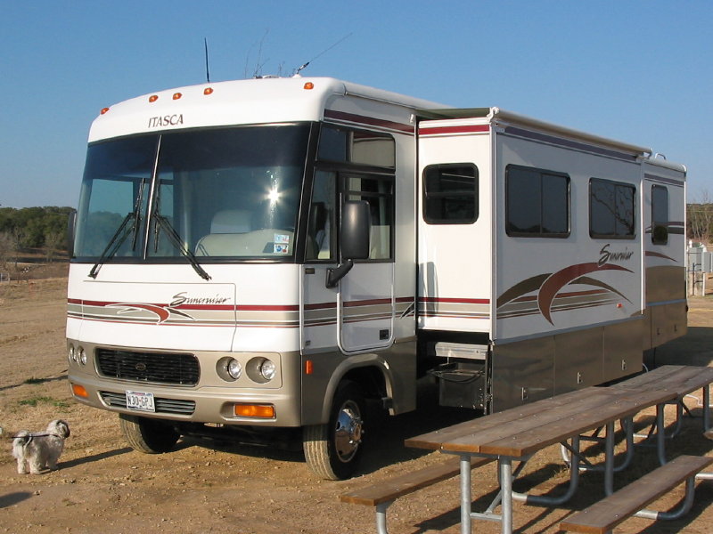 Class A motorhome with a slide-out room extended on its side