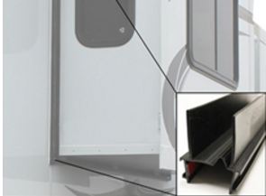 Diagram of an RV slide-out rubber seal cross-section against the door frame