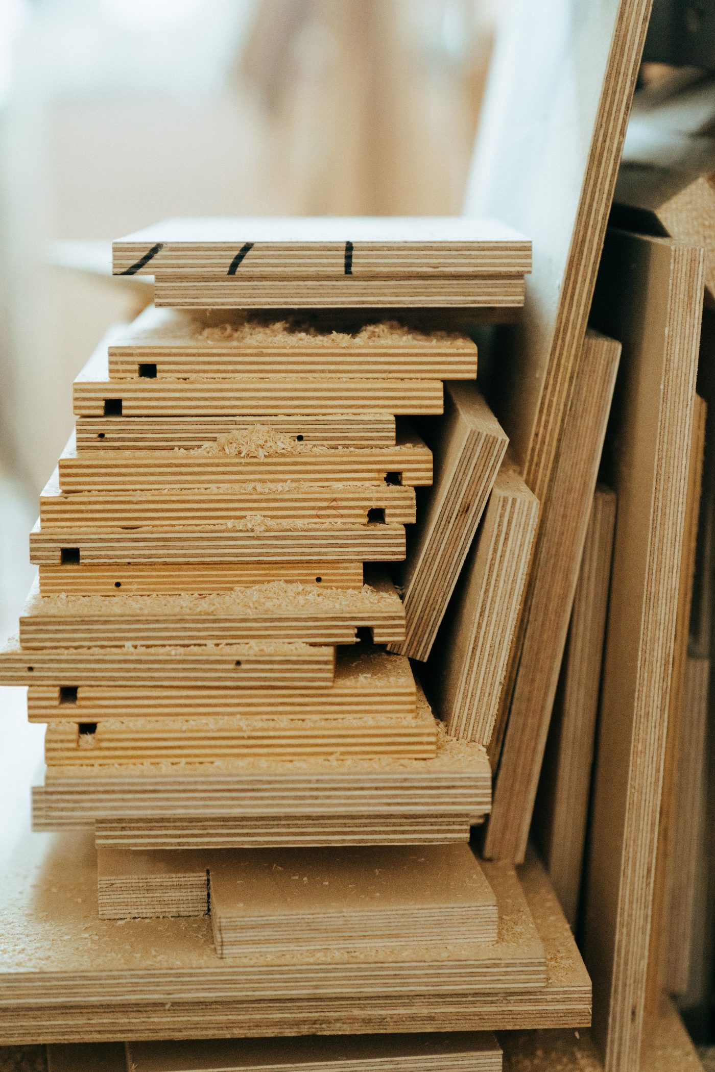 A stack of plywood sheets in a workshop, showing the layered wood grain edges